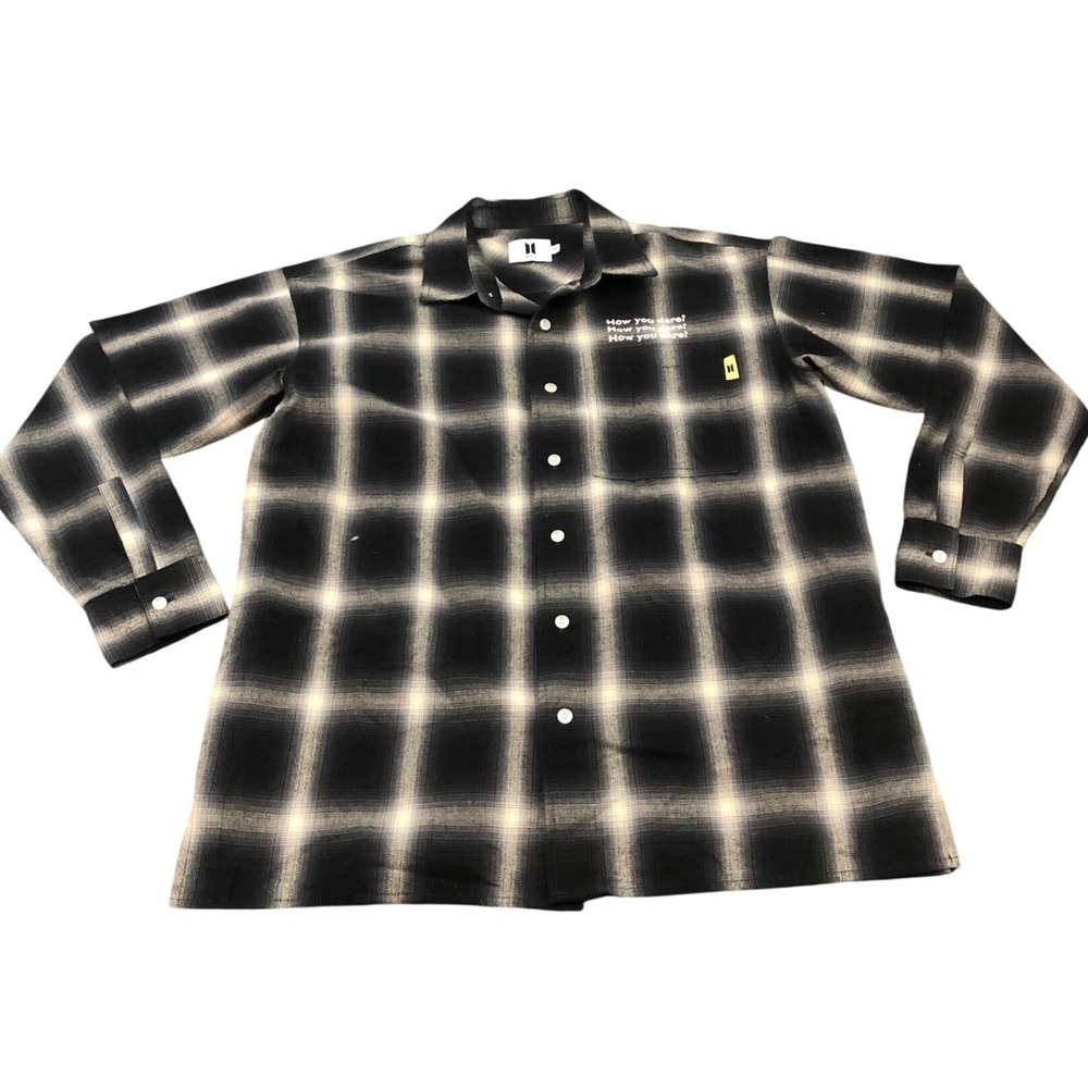 BTS Mic Drop Flannel Shirt Mens M Black Gray Plaid‎ Big Hit Entertainment Merch